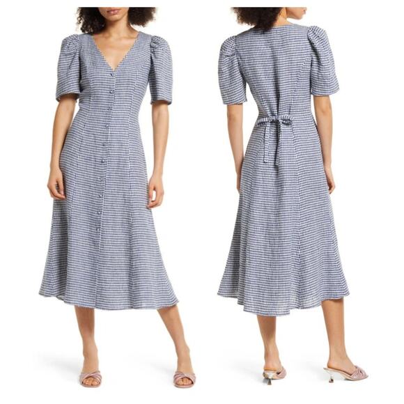 Reformation Newbury Check Puff Sleeve Midi Dress Size 12 - Picture 3 of 8